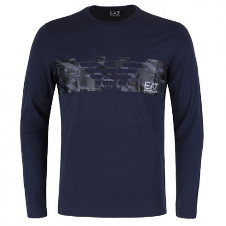 T SHIRT EA7 CAMOUFLAGE BLEU MANCHES LONGUES
